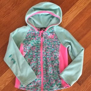 Adorable pink and green fleece zip up hoodie.